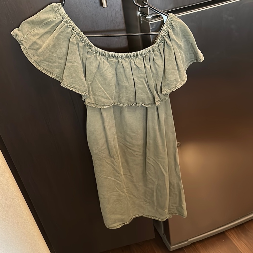 Army green topshop off the shoulder dress!